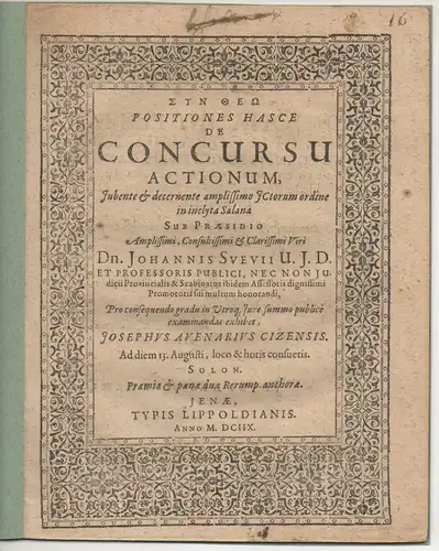 Avenarius, Joseph: aus Zeitz: Juristische Disputation. De concursu actionum. 