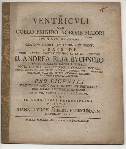 Fleischmann, Johann Ludwig Albert: aus Wetzlar: Medizinische Dissertation. De ventriculi sub coelo frigido robore maiori. 