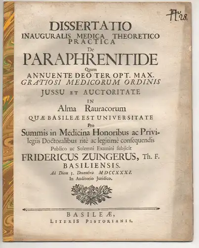 Zwinger, Friedrich: aus Basel: Medizinische Inaugural-Dissertation. De paraphrenitide. 