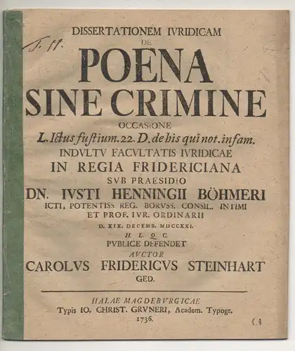 Steinhart, Carl Friedrich: aus Danzig: Juristische Dissertation. De poena sine crimine occasione l. ICtus fustium 22. D. de his qui not. infam. 