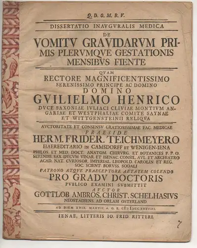 Schelhas, Gottlob Ambrosius Christoph: Medizinische Inaugural-Dissertation. De Vomitu gravidarum primis plerumque gestationis mensibus fiente. 