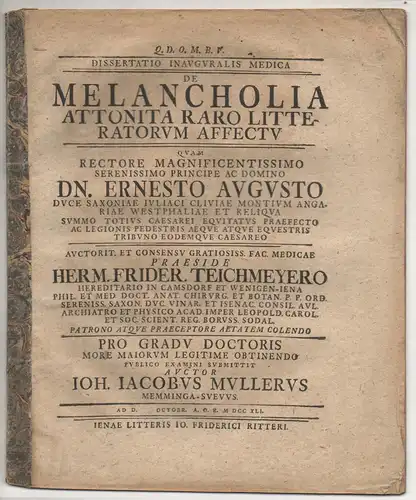Müller, Johann Jacob: aus Memmingen: Medizinische Inaugural-Dissertation. De melancholia attonita, raro litteratorum affectu. 