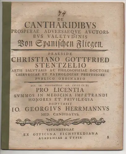 Herrmann, Johann Georg: Medizinische Dissertation. De Cantharidibus prosperae adversaeque auctoribus valetudinis, von Spanischen Fliegen. 