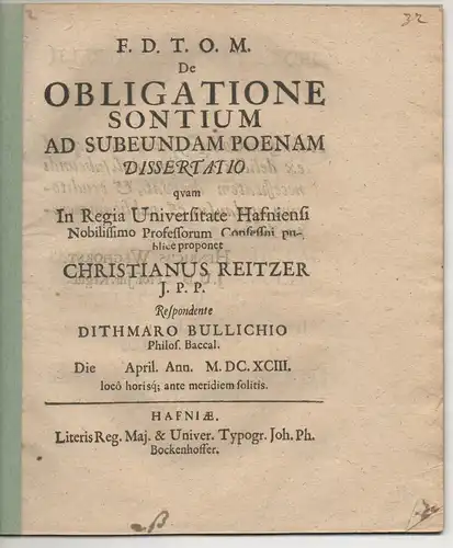 Bullichius, Dithmar: Juristische Dissertation. De obligatione sontium ad subeundam poenam. 