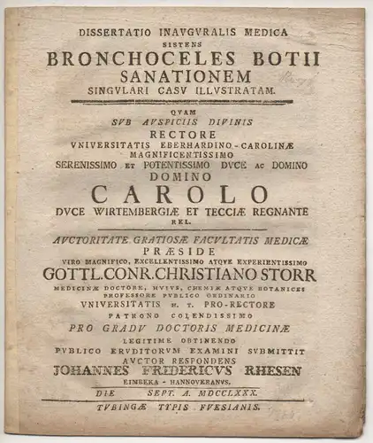 Rhesen, Johann Friedrich: aus Einbeck: Medizinische Inaugural-Dissertation. Bronchoceles botii sanatio singulari casu illustrata. 