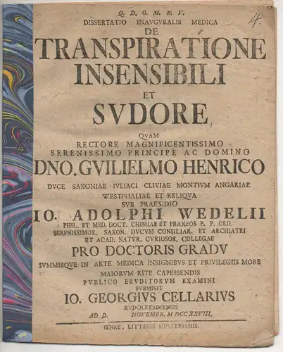 Cellarius, Johann Georg: aus Rudolstadt: Medizinische Inaugural-Dissertation. De transpiratione insensibili et sudore. 
