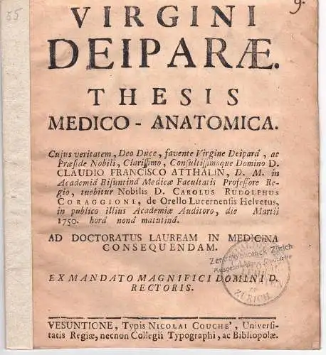 Coraggioni, Carolus Rudolphus: Virgini deiparae, thesis medico-anatomica. 