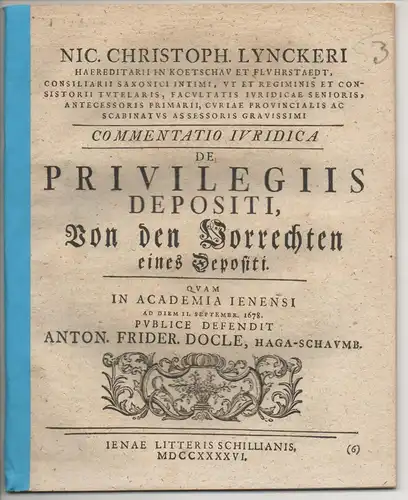 Docle (eigentlich Dolle), Anthon Friedrich: Commentatio iuridica de privilegiis depositi. 