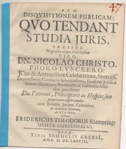 Klampring, Friedrich Theodor: aus Uchta: Disquisitionem publicam: Quo tendant studia iuris. 