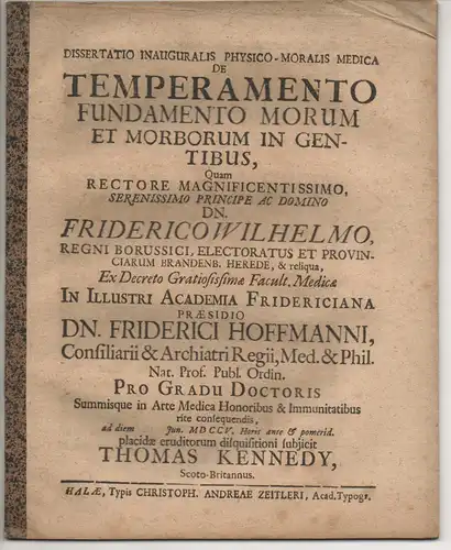 Kennedy, Thomas: aus Schottland: Medizinische Inaugural-Dissertation. De temperamento fundamento morum et morborum in gentibus. 