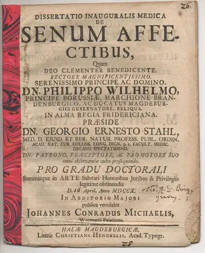 Michaelis, Johann Conrad: aus Worms: Medizinsiche Inaugural-Dissertation. De senum affectibus. 
