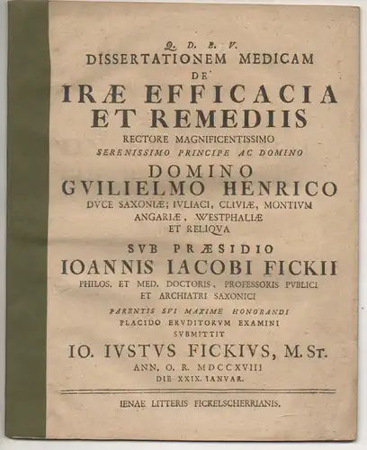 Fick, Johann Justus: Medizinische Dissertation. De irae efficacia et remediis. 