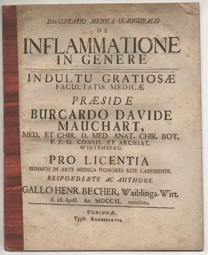 Becher, Gallus Heinrich: aus Waiblingen: Medizinische Inaugural-Dissertation. De inflammatione in genere. 
