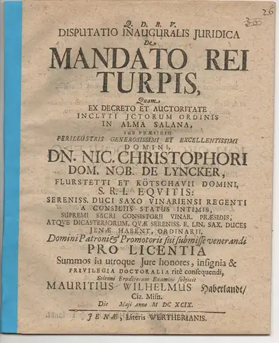 Haberlandt, Moritz Wilhelm: aus Zeitz: Juristische Inaugural-Disputation. De mandato rei turpis. 