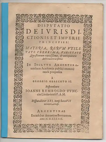 Funck, Johann Rembold: aus Lindau: Juristische  Disputation. De iurisdictionis et imperii principiis. 