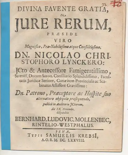 Mollenbeck, Bernhard Ludwig: aus Rinteln: Juristische  Disputation. De iure rerum. 