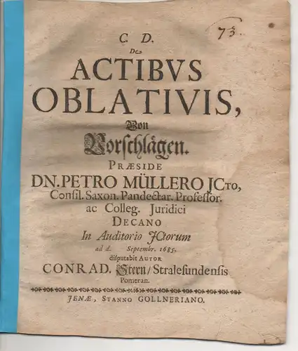 Stern, Conrad: aus Stralsund: Juristische Disputation. De actibus oblativis,Von Vorschlägen. 