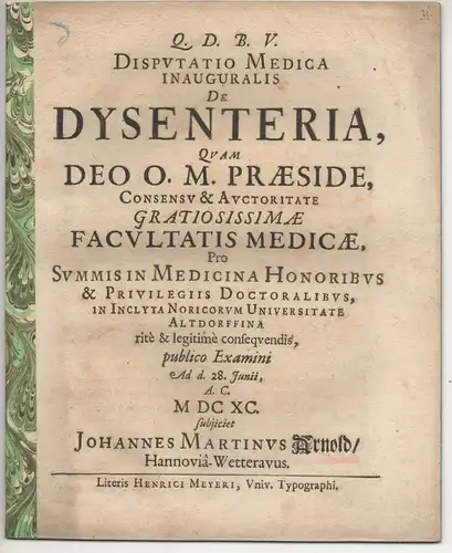 Arnold, Johann Martin: aus Hanau: Medizinsiche Inaugural-Disputation. De dysenteria. 