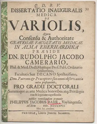 Baur, Philipp Jakob: aus Vaihingen: Medizinische Inaugural-Dissertation. De variolis. 