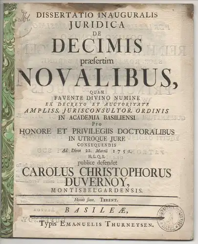 Duvernoy, Carl Christoph: aus Montbéliard: Juristische Inaugural-Dissertation. De decimis praesertim novalibus. 