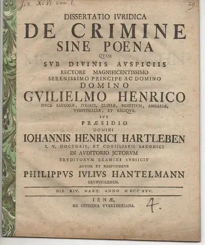 Hantelmann, Philipp Julius: aus Braunschweig: Juristische Dissertation. De crimine sine poena. 