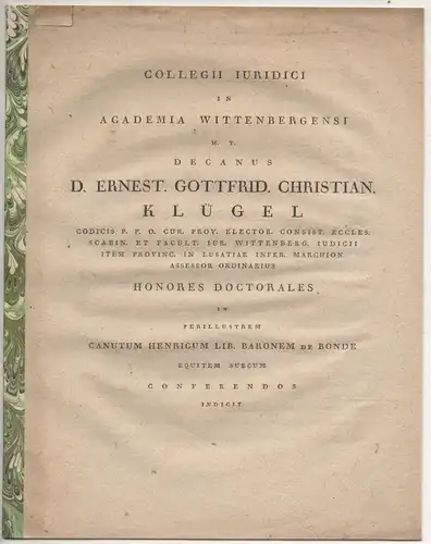 Klügel, Ernst Gottfried Christian: De magistri navis perscrutandae legitimatione officiali. Promotionsankündigung von Knut Henrik von Bonde. 