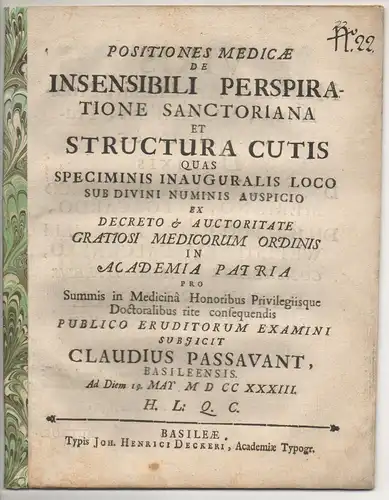 Passavant, Claudius: aus Basel: Positiones medicae de insensibili perspiratione sanctoriana et structura cutis. 