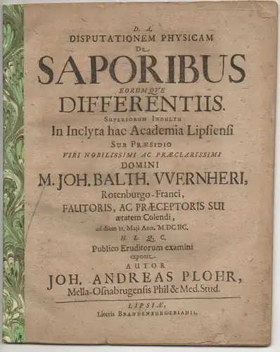 Plohr, Johann Andreas: aus Melle: Medizinische Disputation. De saporibus eorumque differentiis. 