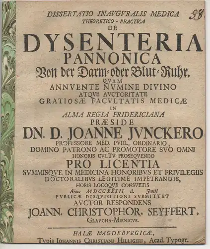 Seyffert, Johann Christoph: aus Glaucha: Medizinische Inaugural-Dissertation. De dysenteria pannonica, Von der Darm- oder Blut-Ruhr. 
