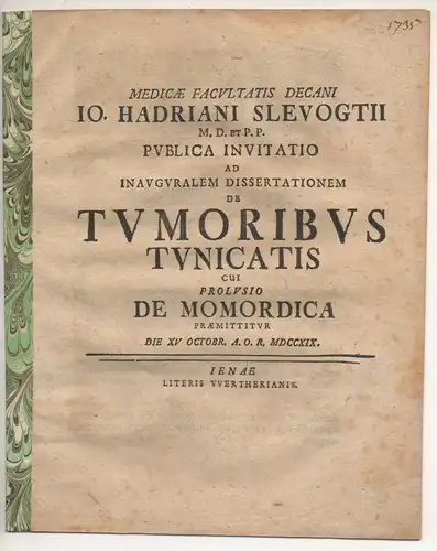 Slevogt, Johann Adrian: De momordica. Promotionsankündigung von Gottfried Samuel Nitschke. 