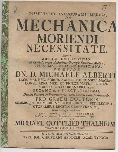 Thalheim, Michael Gottlieb: aus Breslau: Medizinische Inaugural-Dissertation. De mechanica moriendi necessitate. 