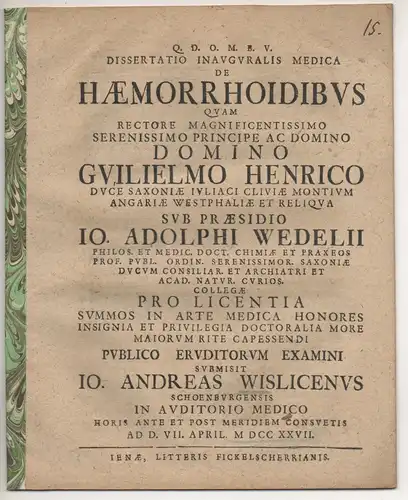 Wislicenus, Johann Andreas: aus Schönburg: Medizinische Inaugural-Dissertation. De haemorrhoidibus. 