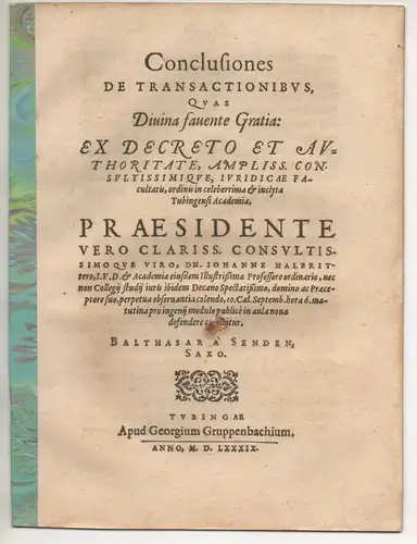 Senden, Balthasar von: Juristische Disputation. Conclusiones de transactionibus. 