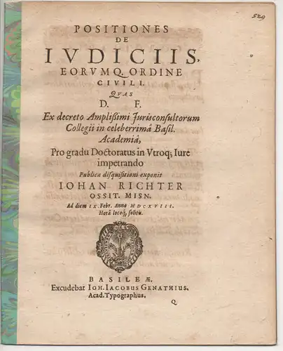 Richter, Johann: aus Oschatz: Juristische Disputation. De iudiciis eorumq. ordine civili. 