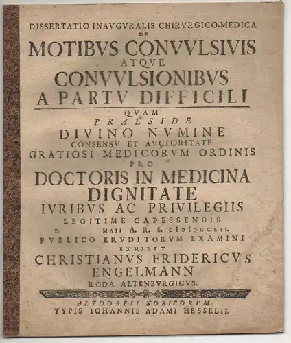 Engelmann, Christian Friedrich: aus Roda: Medizinische Inaugural-Dissertation. de motibus convulsivis atque convulsionibus a partu difficili. 