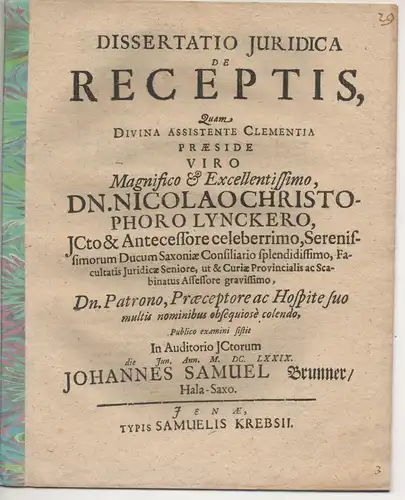 Brunner, Johann Samuel: aus Halle: Juristische Dissertation. De receptis. 