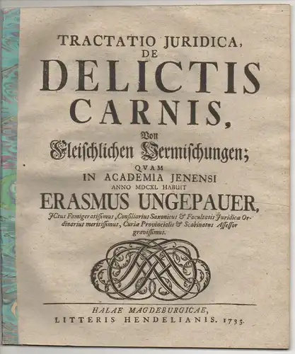 Ungepauer, Erasmus (Präses): Tractatio iuridica, de delictis carnis,  Von fleischlichen Vermischungen. 