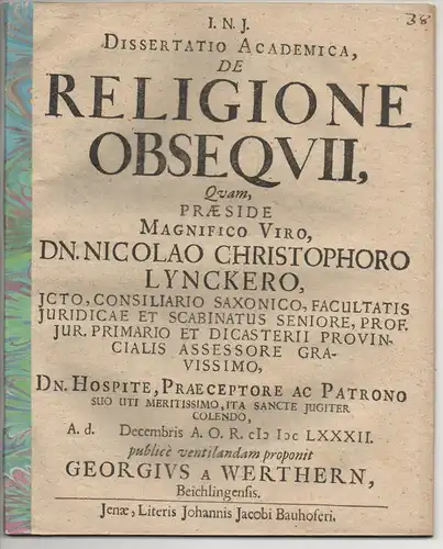 Werthern, Georg von: Juristische Dissertation. De religione obsequii. 