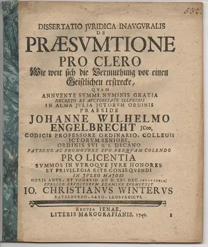 Winter, Johannes Christian: aus Ratzeburg: Juristische Inaugural-Dissertation. De praesumtione pro clero, Wie weit sich die Vermuthung vor einen Geistlichen erstrecke. Mit Promotionsankündigung. 