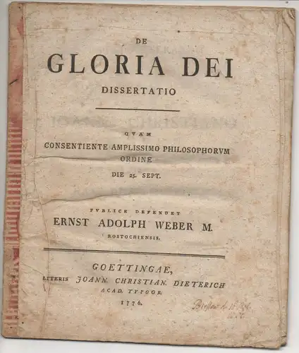 Weber, Ernst Adolf: aus Rostock: Philosophische Dissertation. De gloria Dei. 