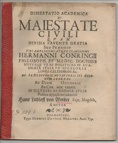 Werder, Hans Ludloff von: aus Magdeburg: Philosophische Dissertation. De maiestate civili. 