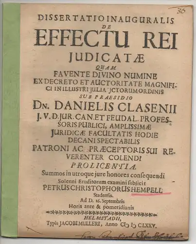 Hempell, Peter Christoph: aus Stade: Juristische Inaugural-Dissertation. De effectu rei iudicatae. 