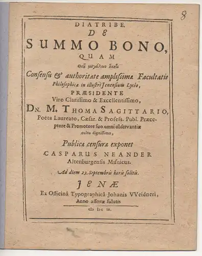 Neander, Caspar: aus Altenburg: Diatribe. De Summo Bono. 