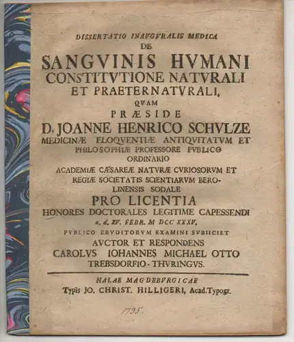 Otto, Karl Johann Michael: aus Trebsdorf: Medizinische Inaugural-Dissertation. De sanguinis humani constitutione naturali et praeternaturali. 