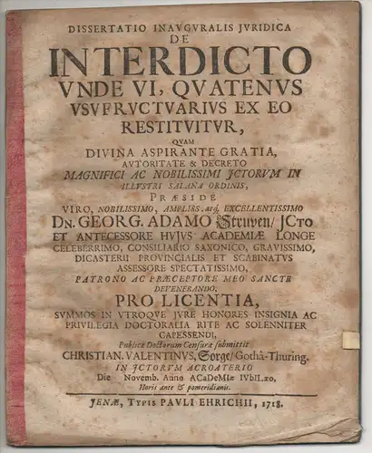 Sorge, Christian Valentin: aus Gotha: Juristische Inaugural-Dissertation. De interdicto unde vi, quatenus usufructuarius ex eo restituitur. 