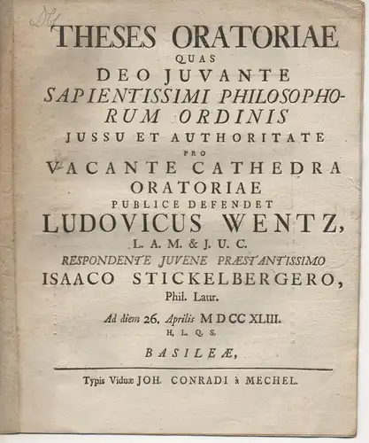 Stickelberger, Isaac: Theses oratoriae. 