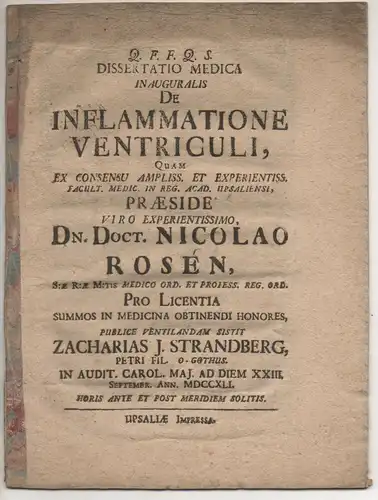 Strandberg, Zacharias Johan: aus Schweden: Medizinische Inaugural-Dissertation. De inflammatione ventriculi. 