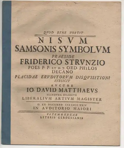Matthaeus, Johann David: aus Hanau: Theologische Disputation. Nisus Samsonis symbolum. 