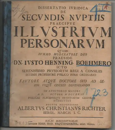 Richter, Albert Christian: aus Berlin: Juristische Dissertation.  De secundis nuptiis praecipue illustrium personarum. 