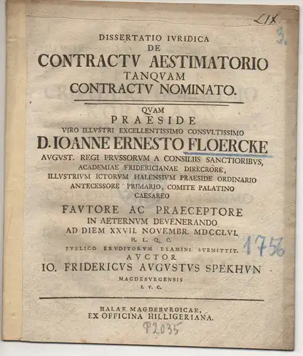 Spekhun, Johann Friedrich August: aus Magdeburg: Juristische Dissertation. De contractu aestimatorio tanquam contractu nominato. 